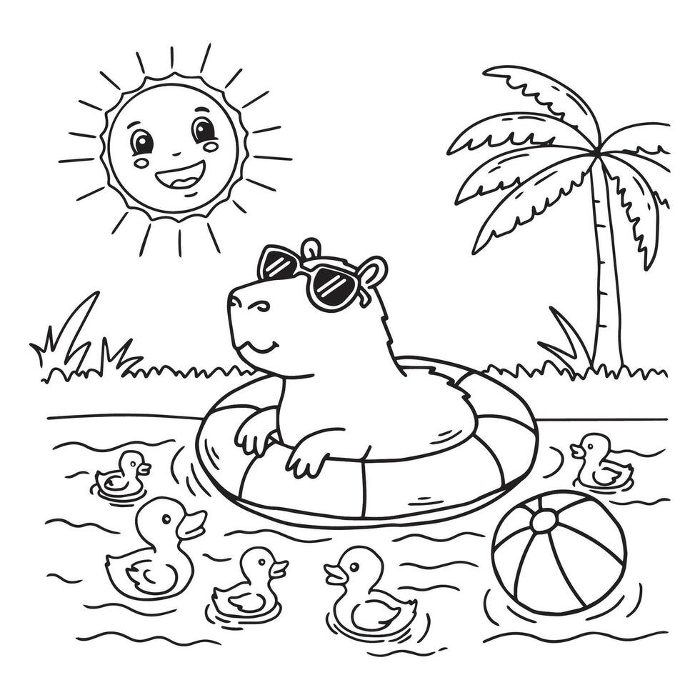 Capybara enjoying summer fun in the pool with sunglasses on. to colour vector