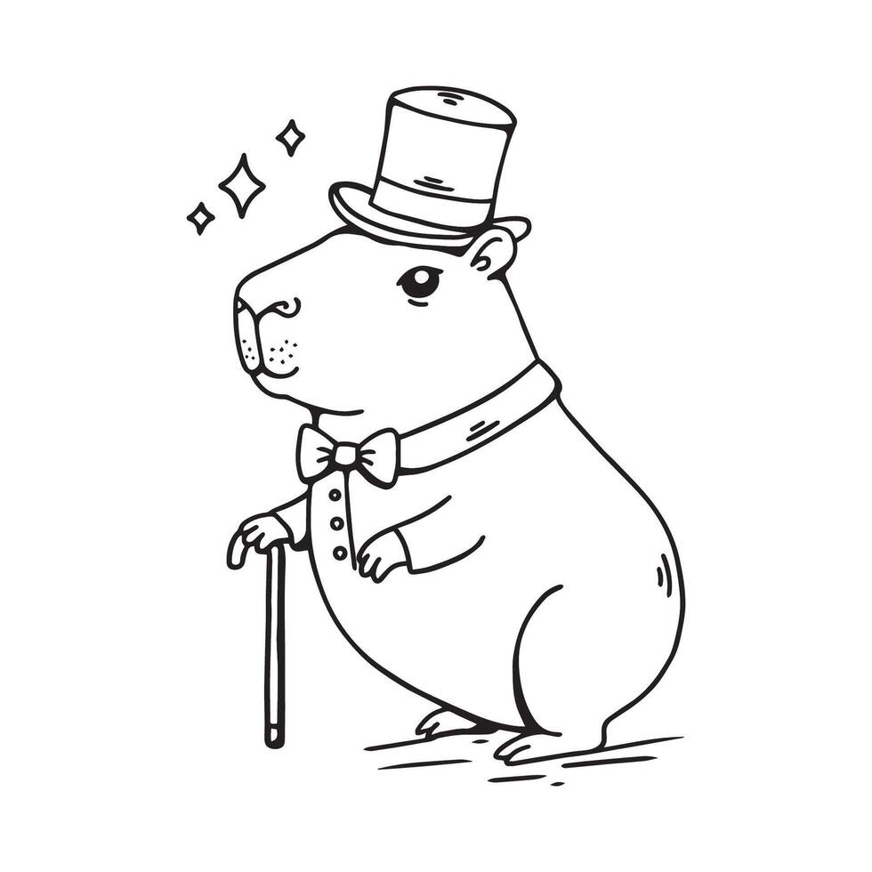 capybara in top hat and bow tie with cane. illustration. to colour vector