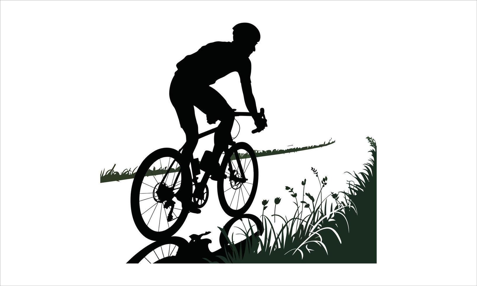 Cyclist silhouette riding bicycle countryside road vector