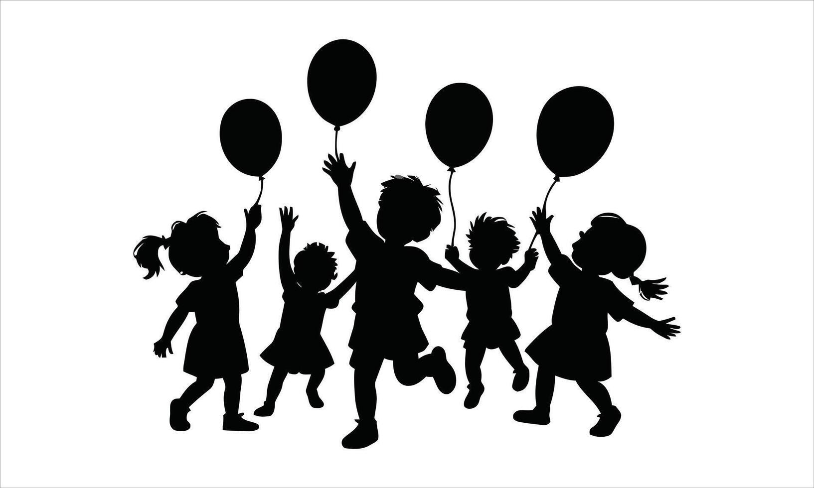 Happy children playing with balloons silhouette vector