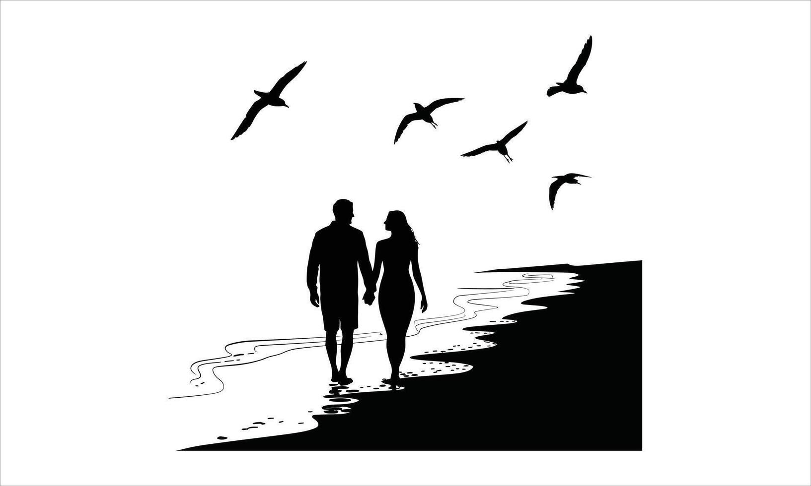 Romantic couple silhouette beach walk birds vector