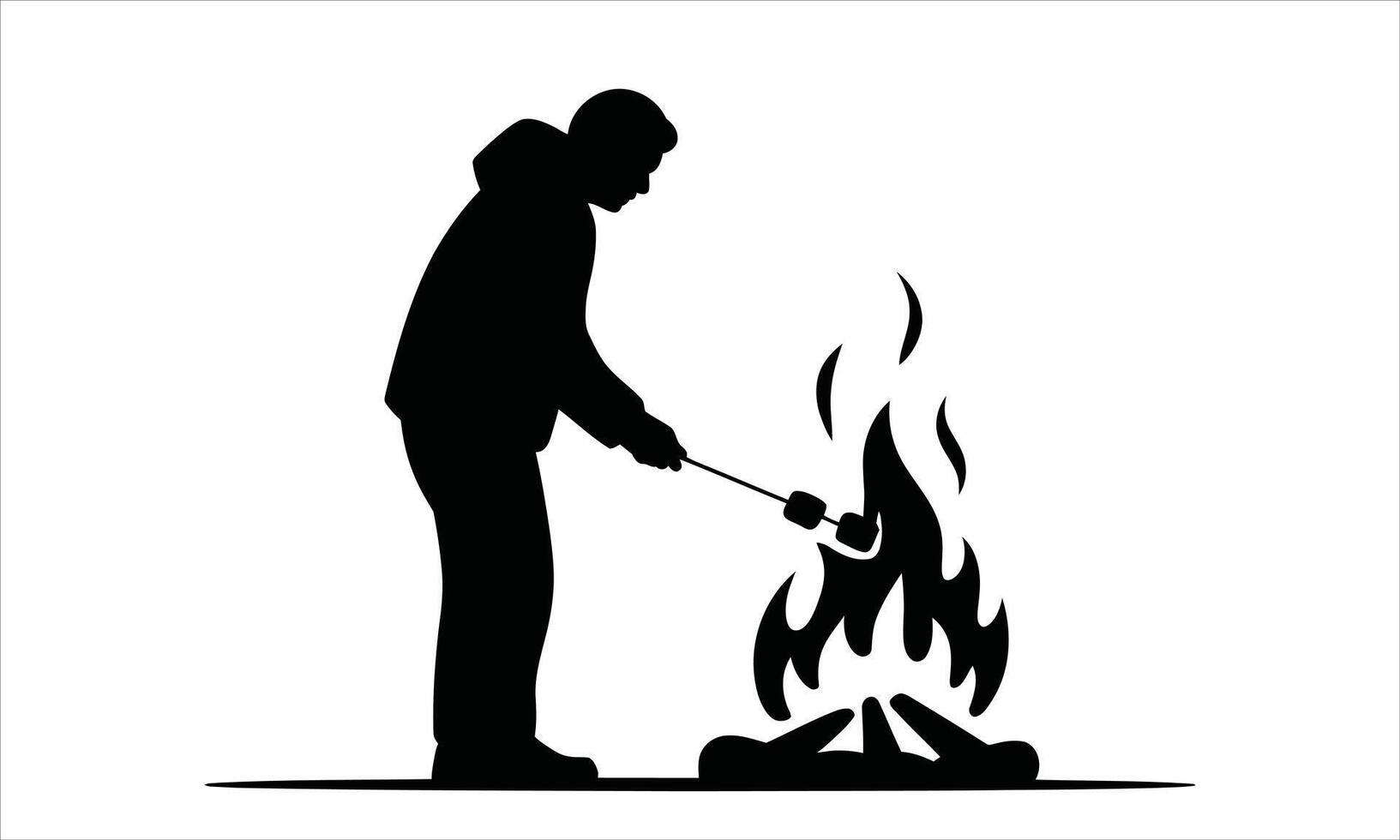 Man roasting marshmallows over campfire silhouette vector