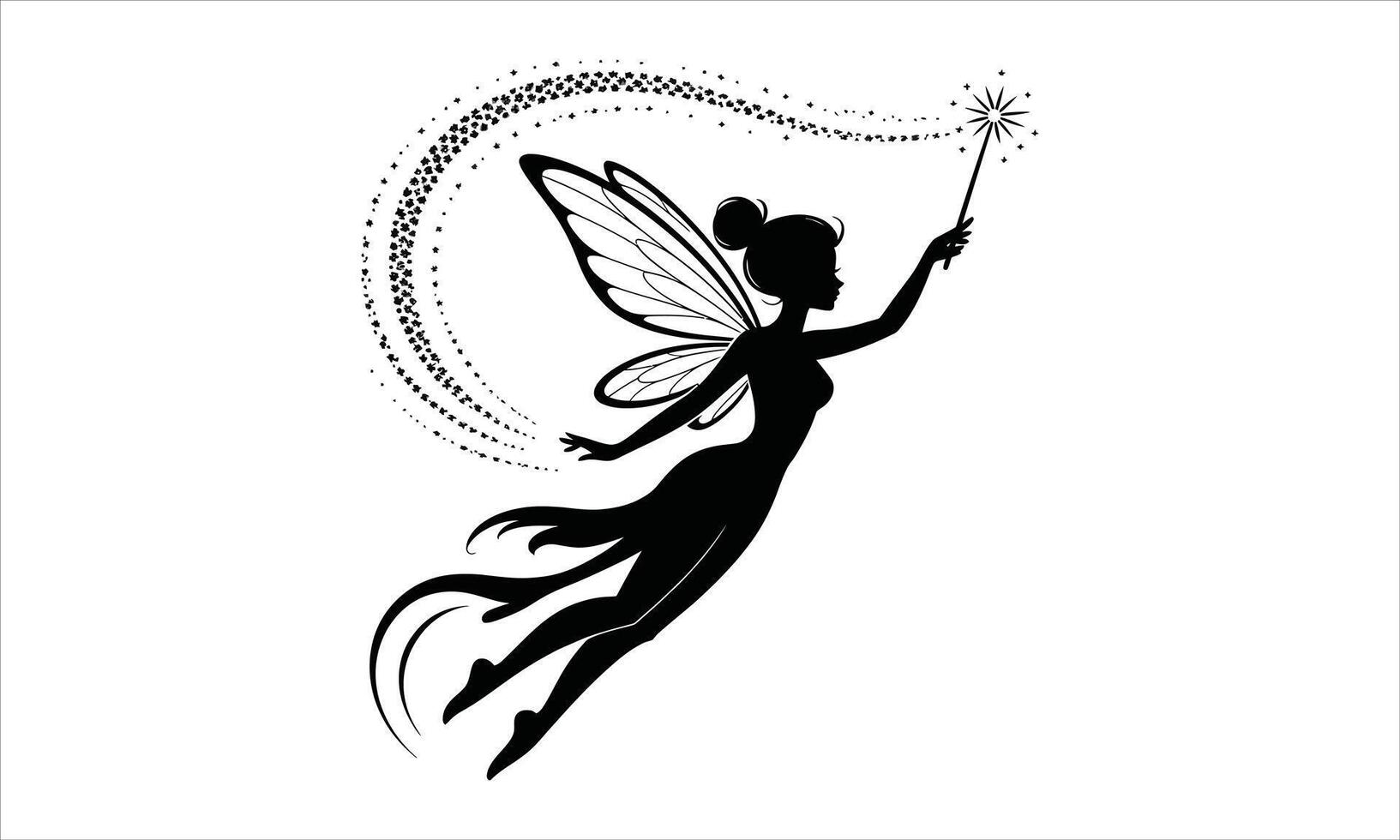 Silhouetted fairy flying with magic wand sparkles vector
