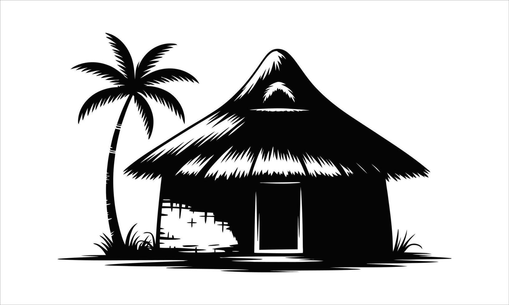 Tropical hut palm tree black and white illustration vector