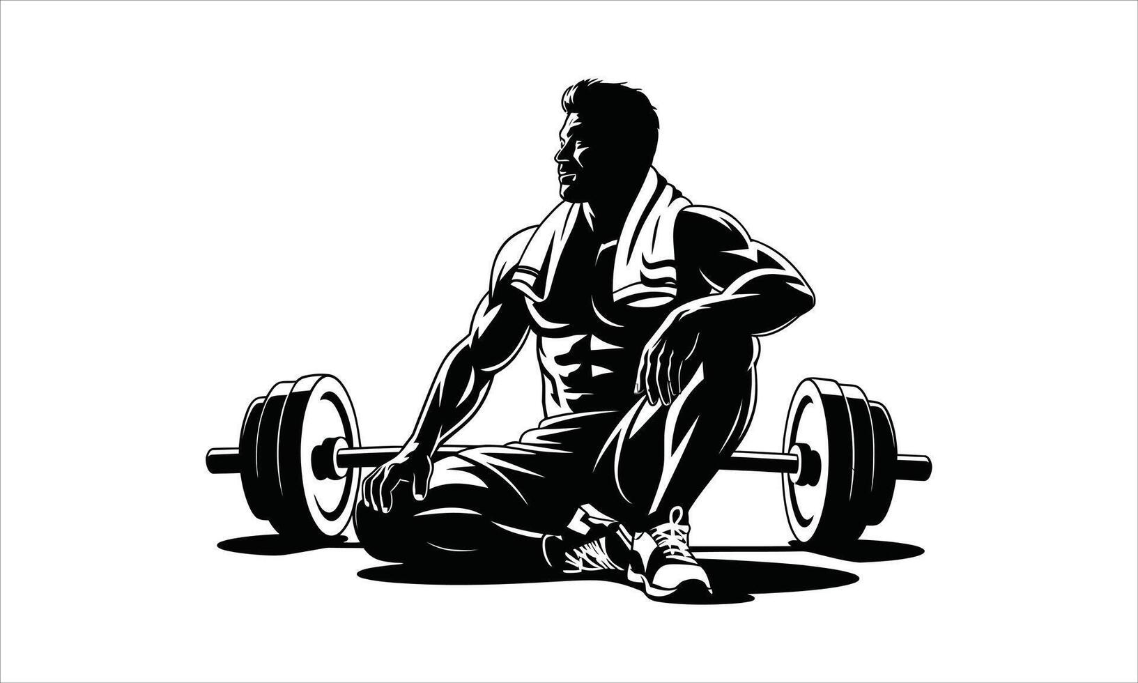 Strong bodybuilder resting after weightlifting workout vector