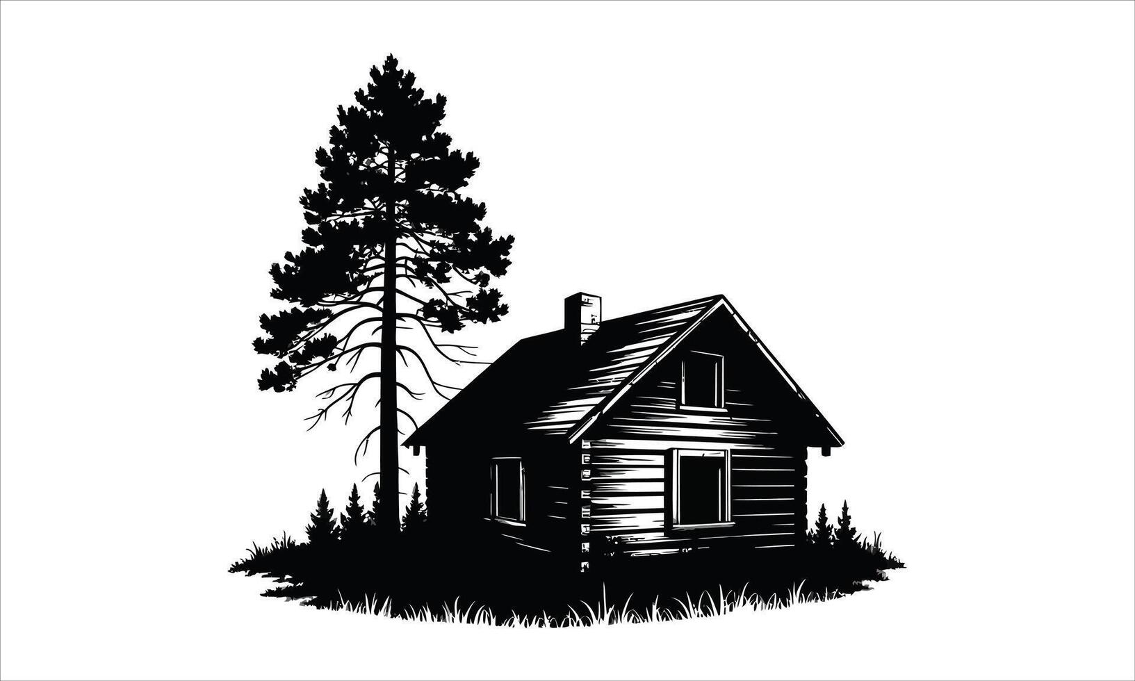 Rustic cabin silhouette tall pine tree forest vector