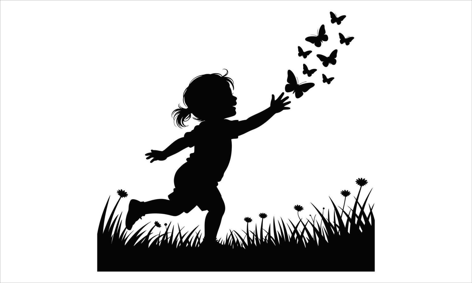 Little girl chasing butterflies in field silhouette vector