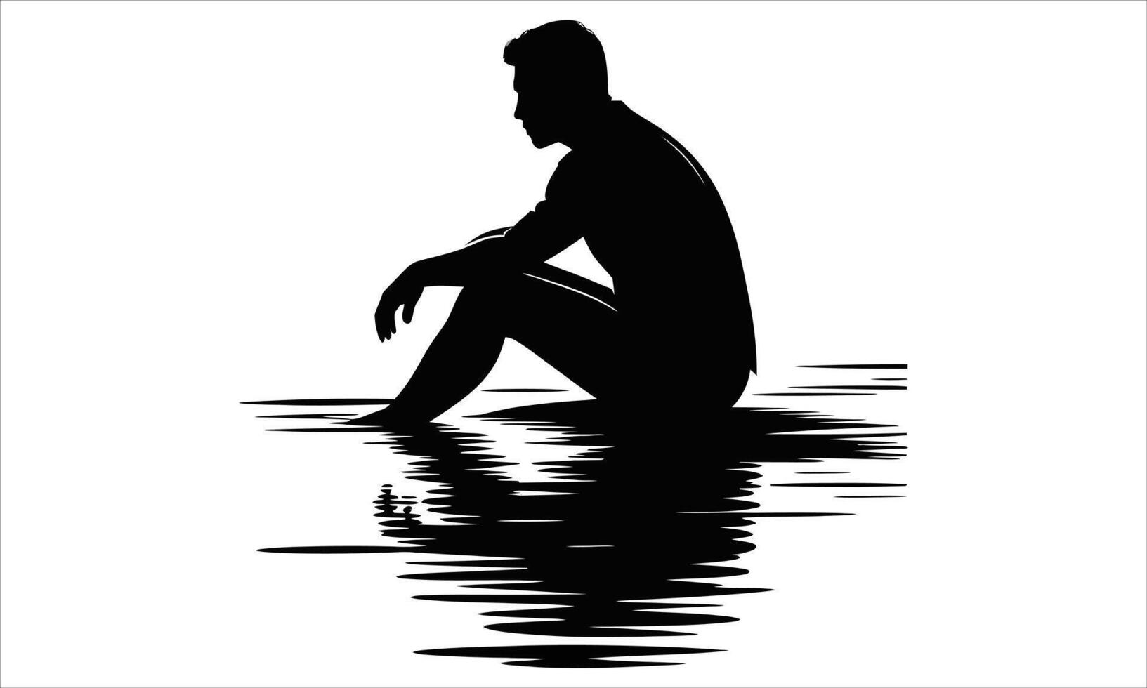 Man silhouette sitting by water contemplative pose vector
