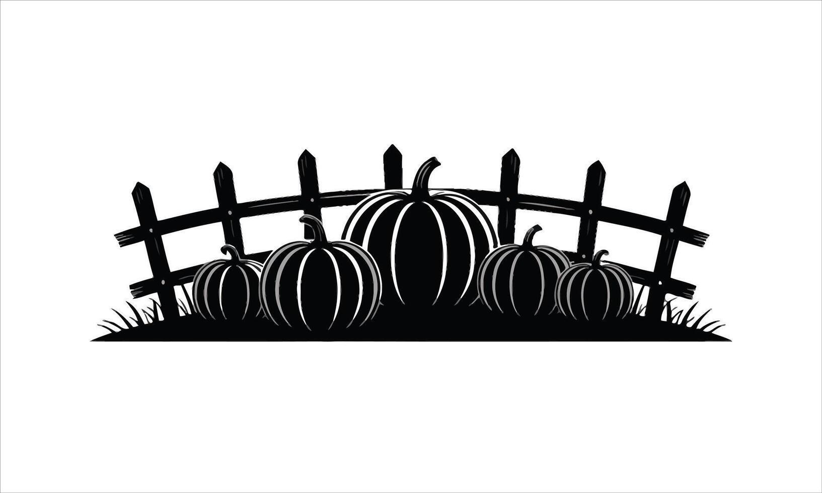 Autumn pumpkins behind rustic wooden fence silhouette vector