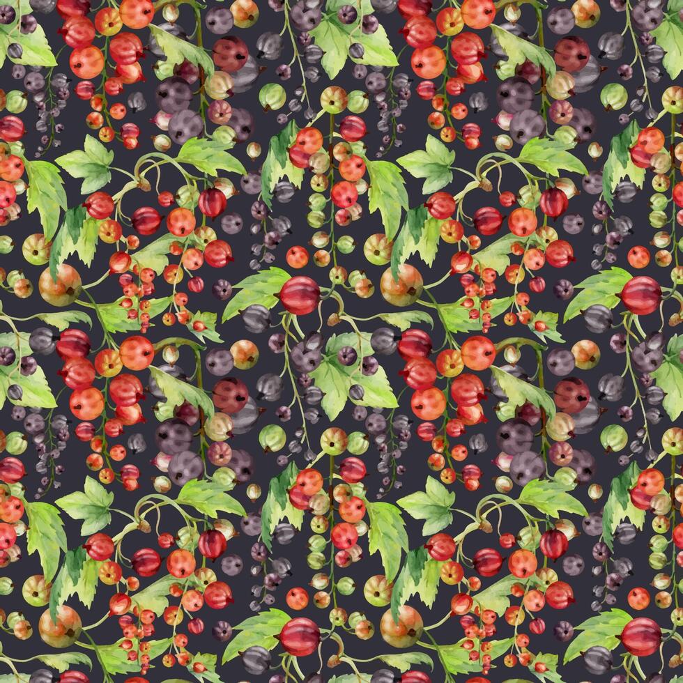 Currant gooseberry cluster bunch raceme with leaves, ripe garden berry casseille jostaberry juneberry. Seamless pattern isolated on dark, watercolor hand drawn. Seasonal menu, fabric, wrapping paper vector