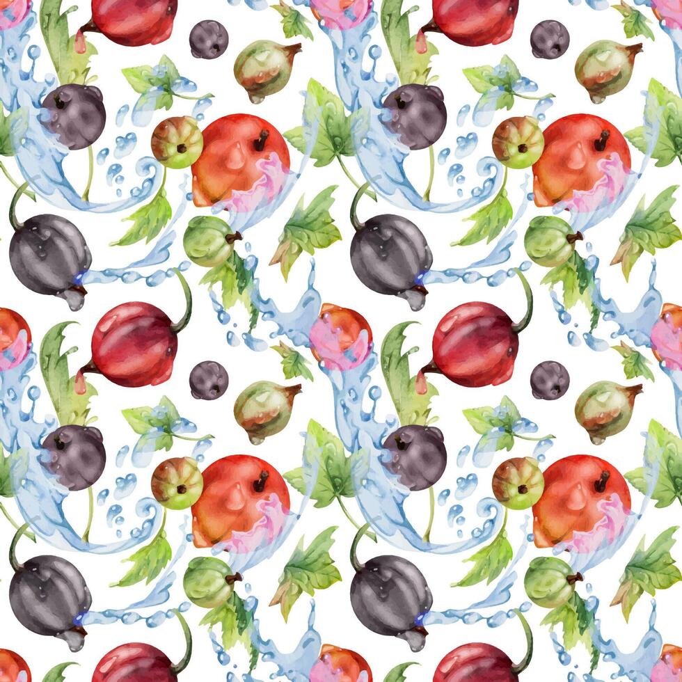 Currant gooseberry flying in water splash with green leaves and dew drops, ripe garden berry casseille juneberry jostaberry hand drawn in watercolor. Isolated seamless pattern. Fabric, wrapping paper vector