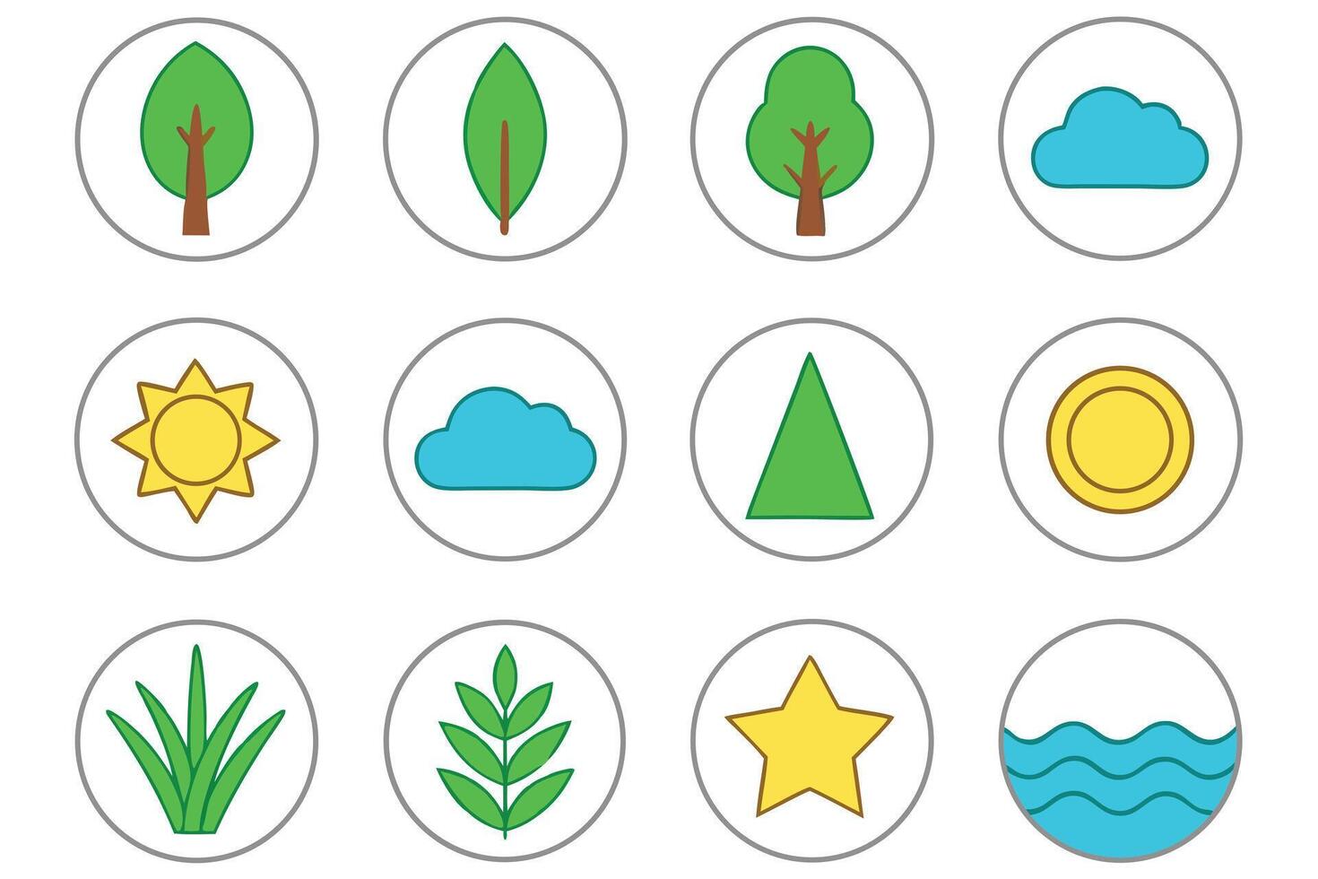 Twelve nature themed icons including tree leaf flower and other related nature elements vector