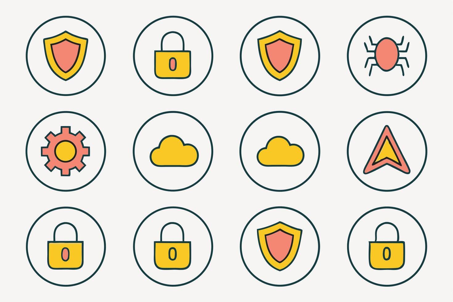 Twelve cybersecurity icons featuring a shield and firewall for digital security design vector