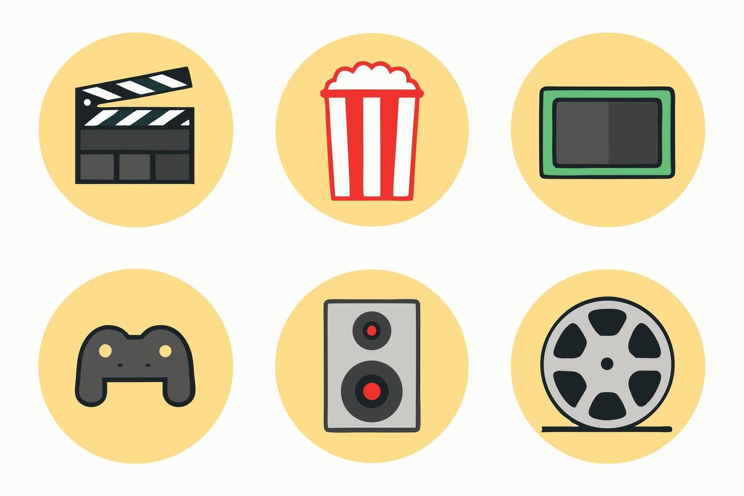a set of flat icons depicting movie, popcorn, movie, game, and other items vector