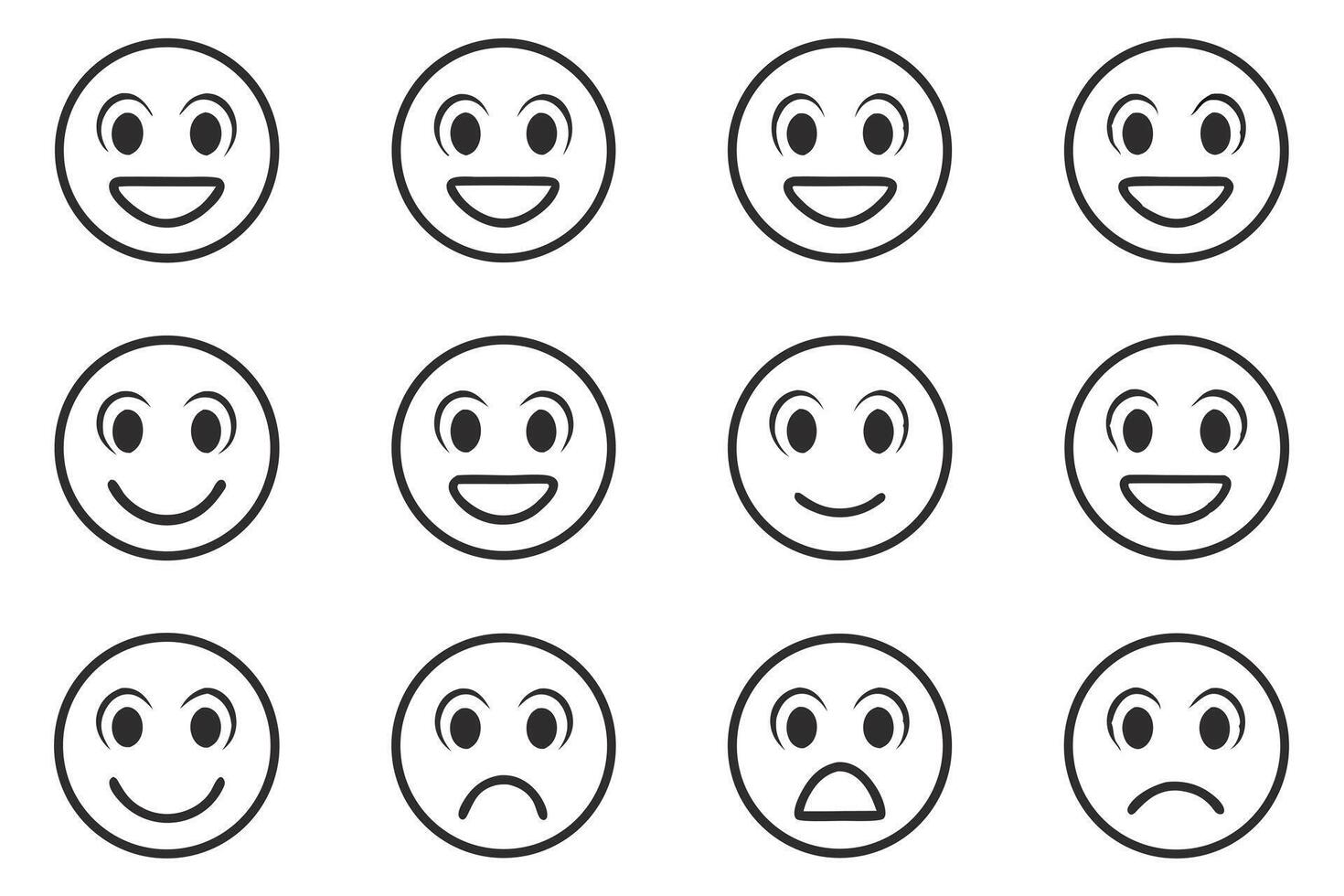 Twelve icons depicting basic human emotions including a smile icon set for design projects vector