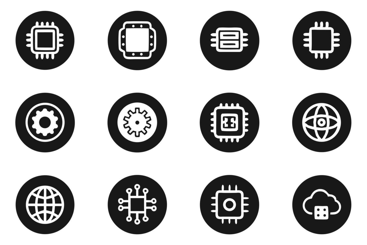 Twelve black ai icons depicting ai chips and neural networks for design projects vector