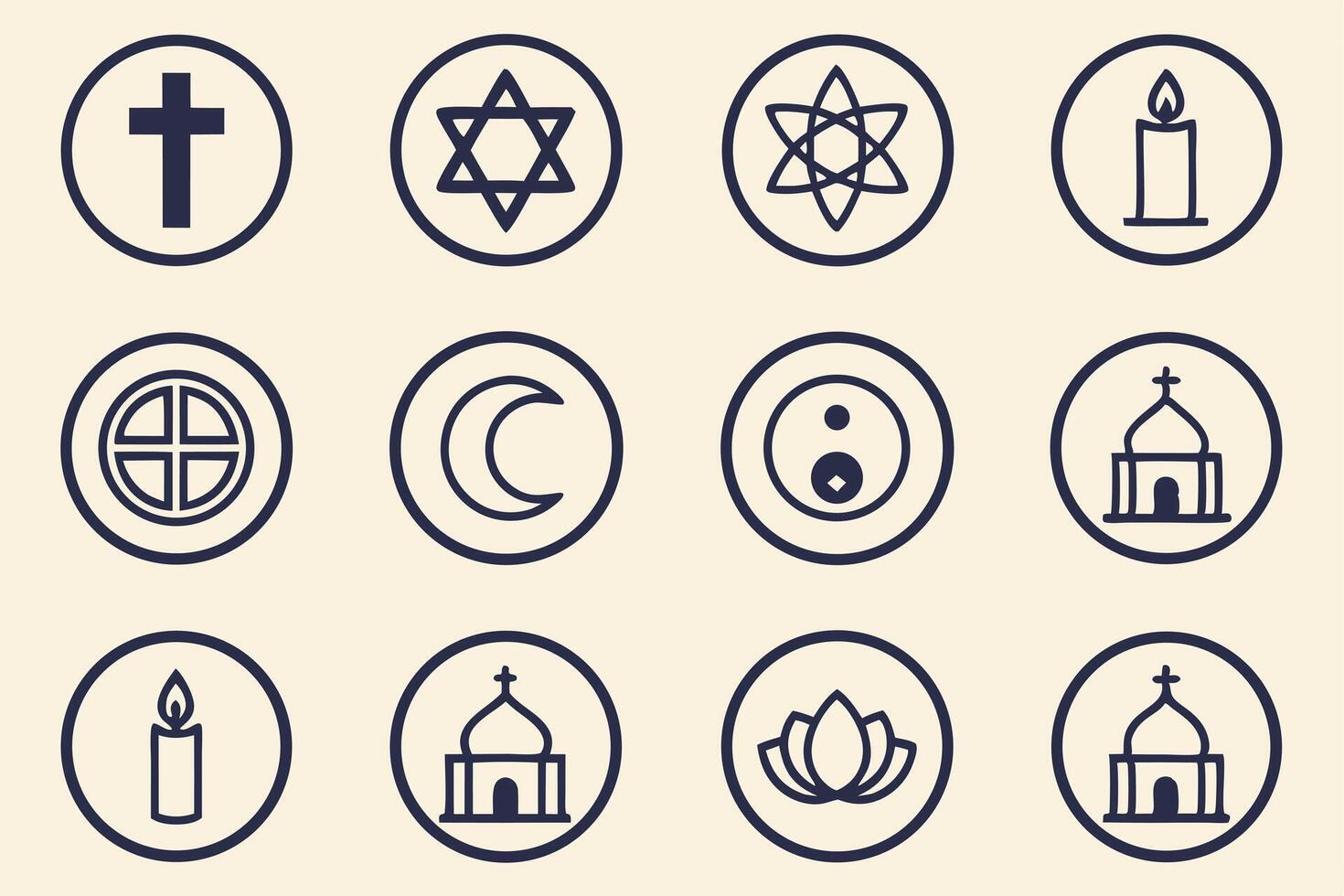 religious icons set, including a cross, a church, a mosque, a cross, a star vector