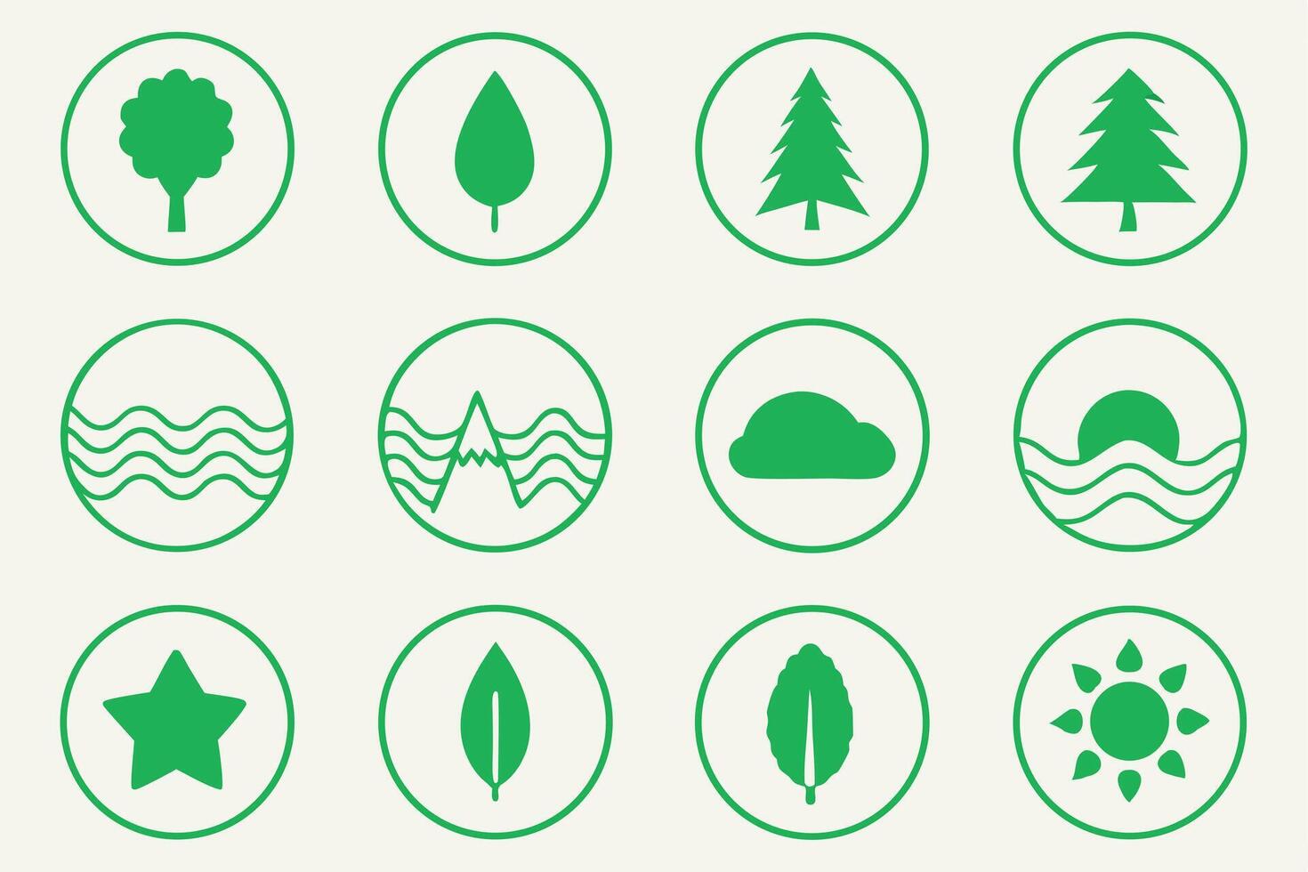 Twelve nature themed icons featuring tree leaf flower and other botanical elements vector