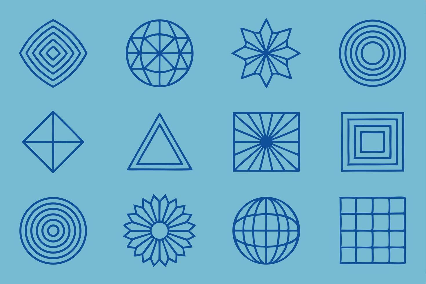 Twelve abstract icon designs featuring swirl cube arc and cross motifs in a versatile set vector