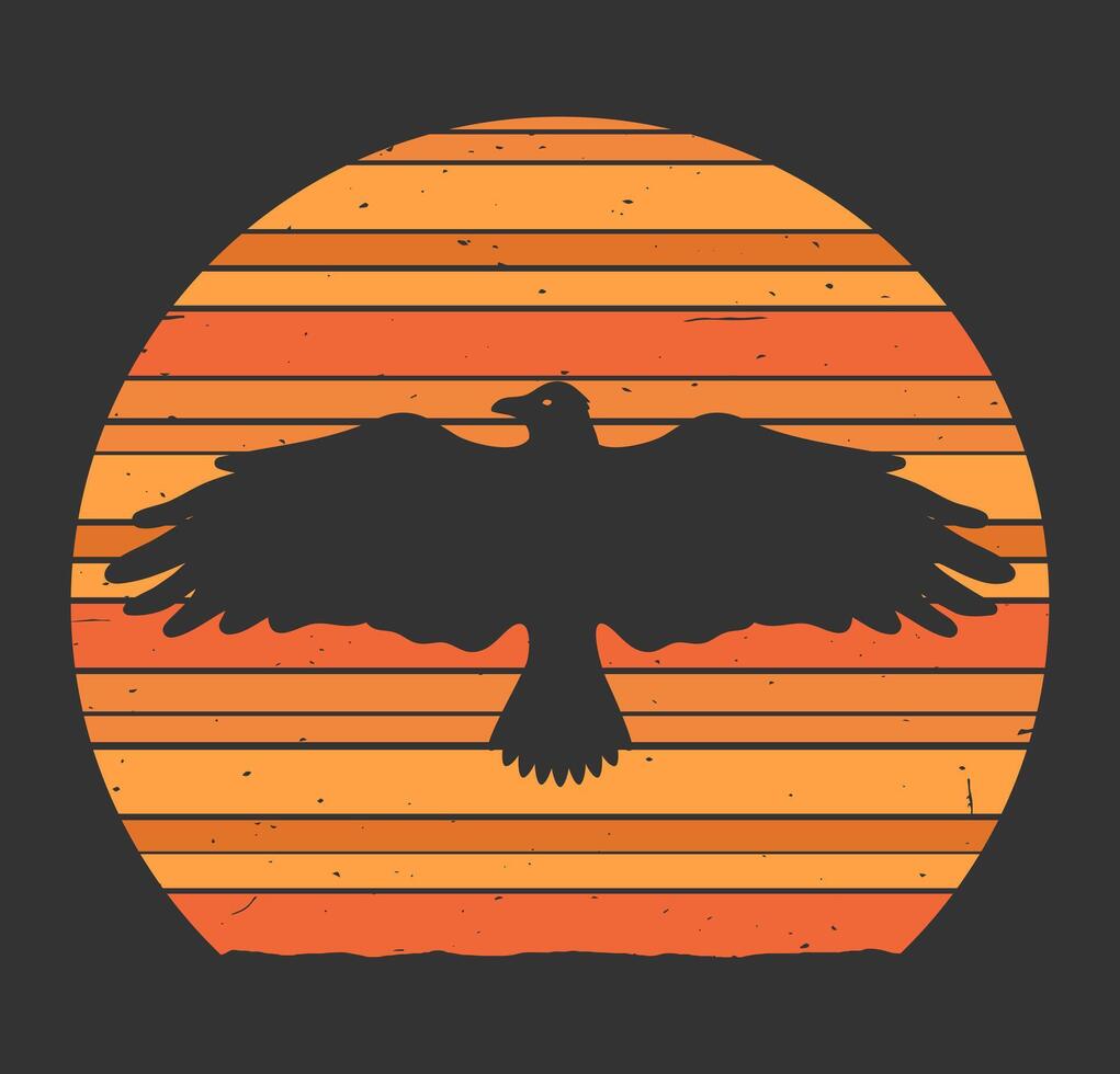 Retro style background with sunset and flying crow. Vintage grunge texture vector