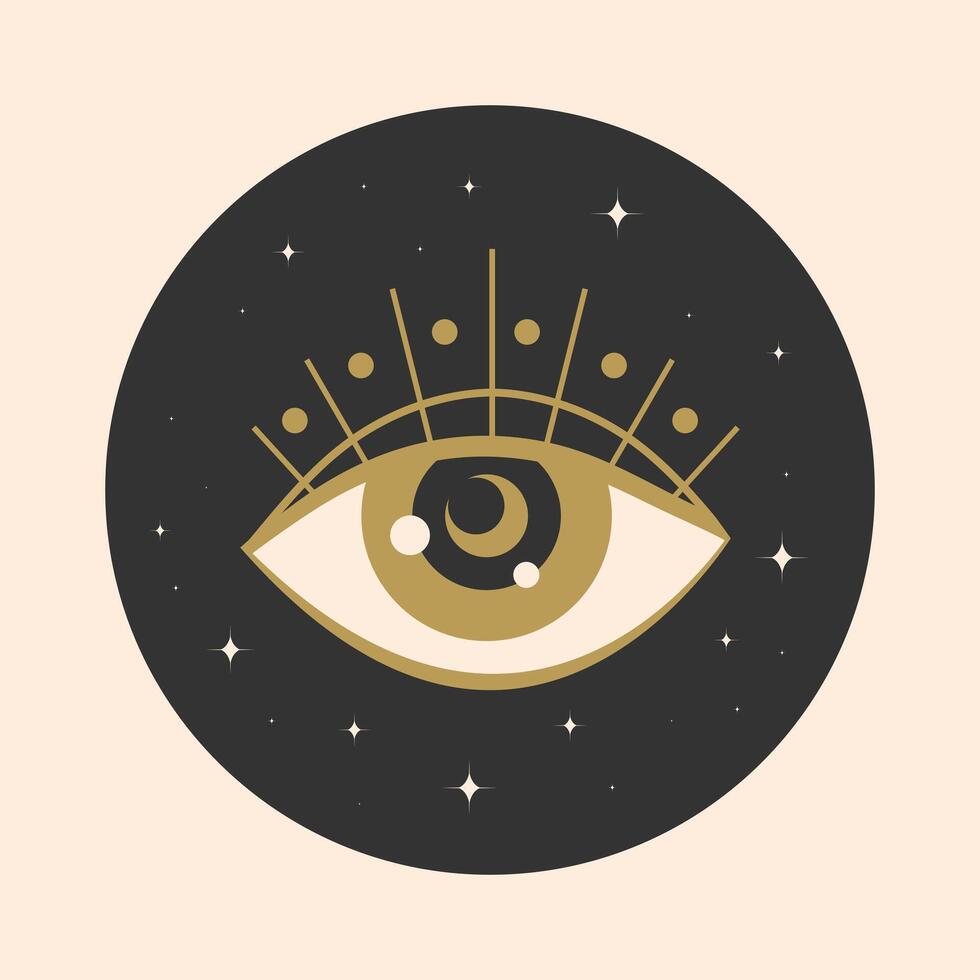 Celestial golden magical eye round emblem decorated with stars. All seeing eye vector