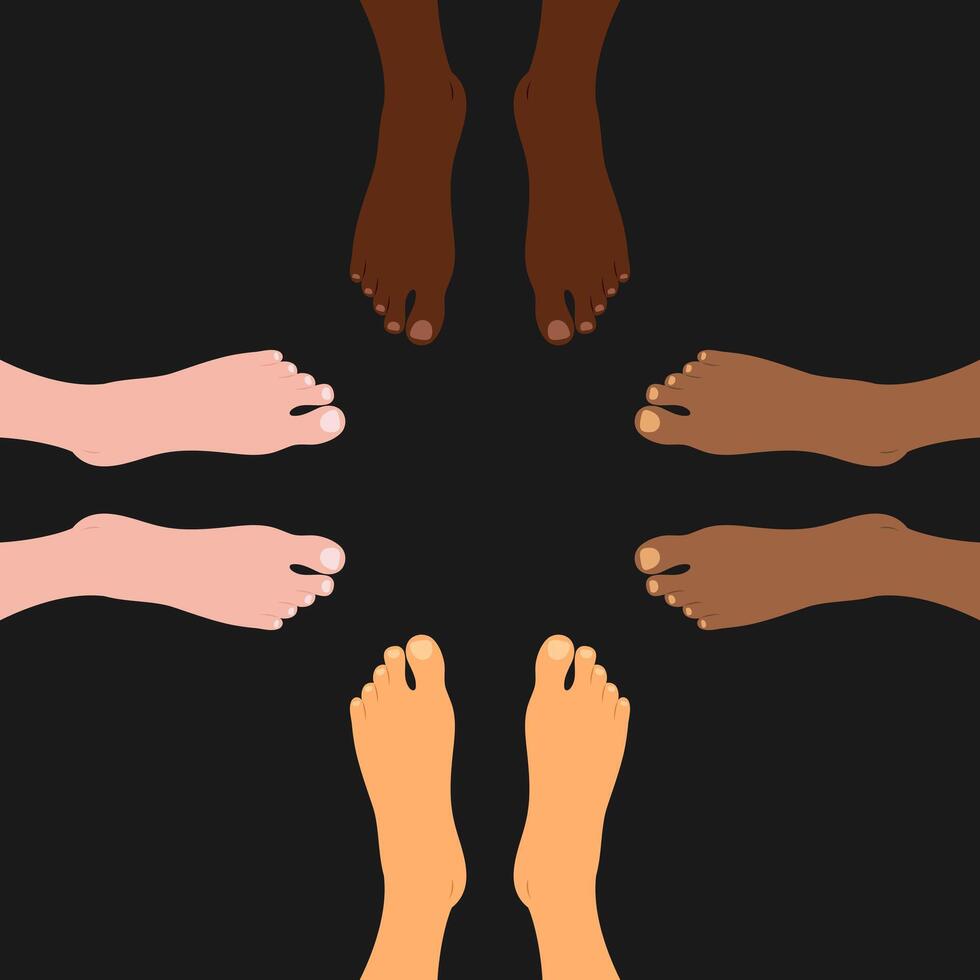 Human feet of different skin colors. Feet of different nationalities. Diversity concept vector