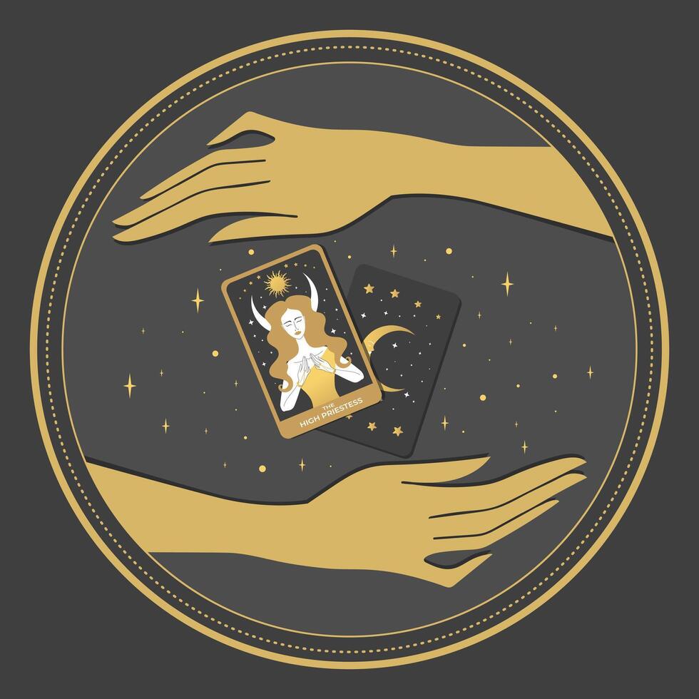 Fortune telling with Tarot cards. Human hands and tarot cards divination. Major Arcana High Priestess vector