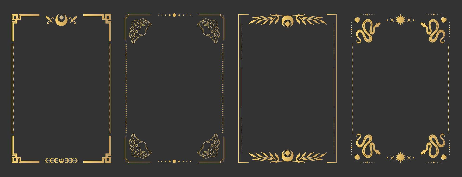 Empty golden border frames for Tarot cards. Tarot templates with space celestial elements and decorations vector