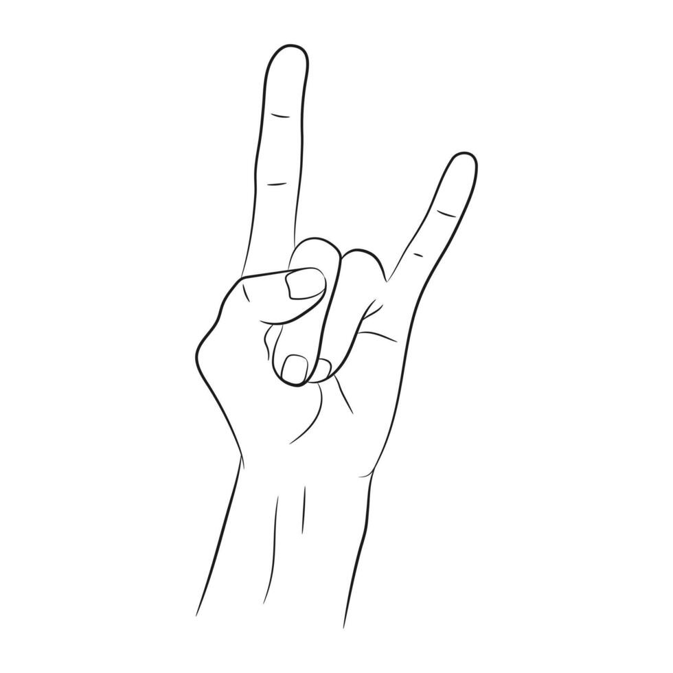 Hard rock horns sign hand drawn linear sketch. Hand showing rock gesture outline vector