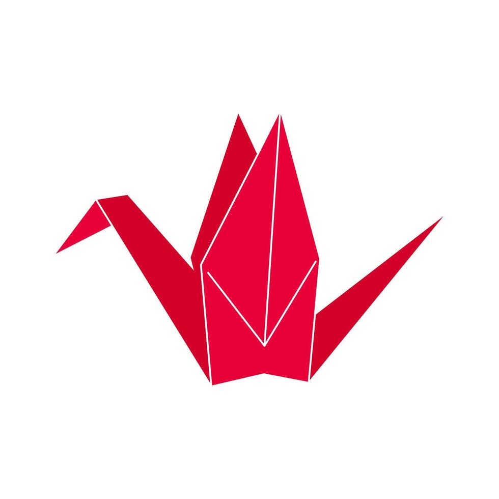 Red paper crane icon. Origami bird made from folded paper vector