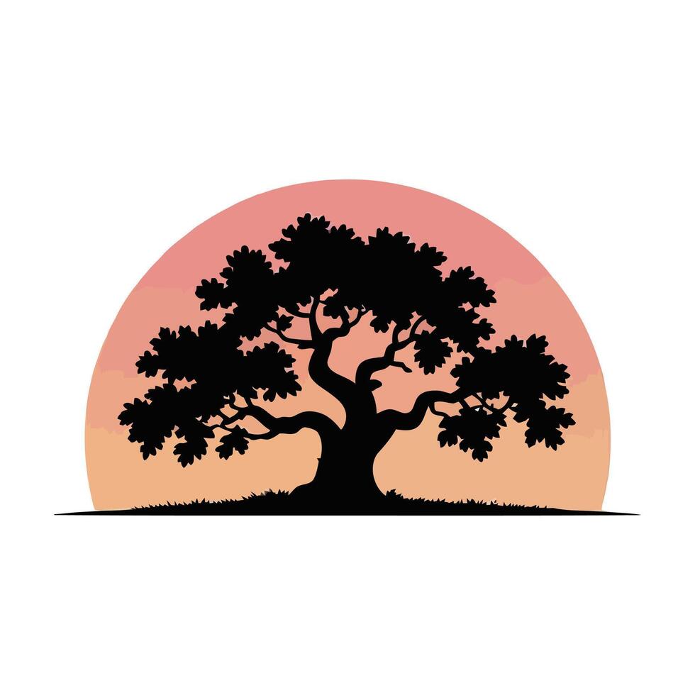 an oak tree silhouette with a sunset in the background vector