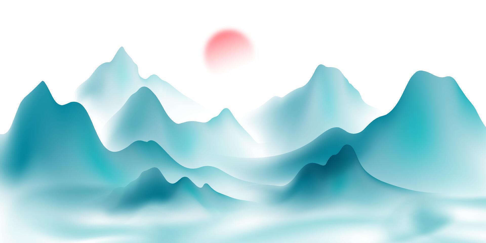 A blue mountain range with a red sun in the sky vector