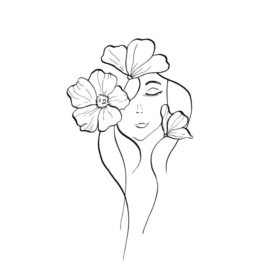 Elegant female face with delicate chrysanthemum, osteospermum, chamomile begonia, aster, eustoma, rosehip. Hand painted linear contour flower. Graphic clipart isolated. Botanical, tattoo and vector