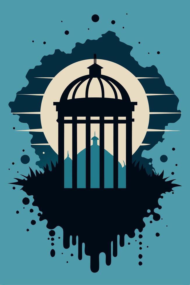 Minimalist Illustration of a Birdcage Against a Full Moon Backdrop vector