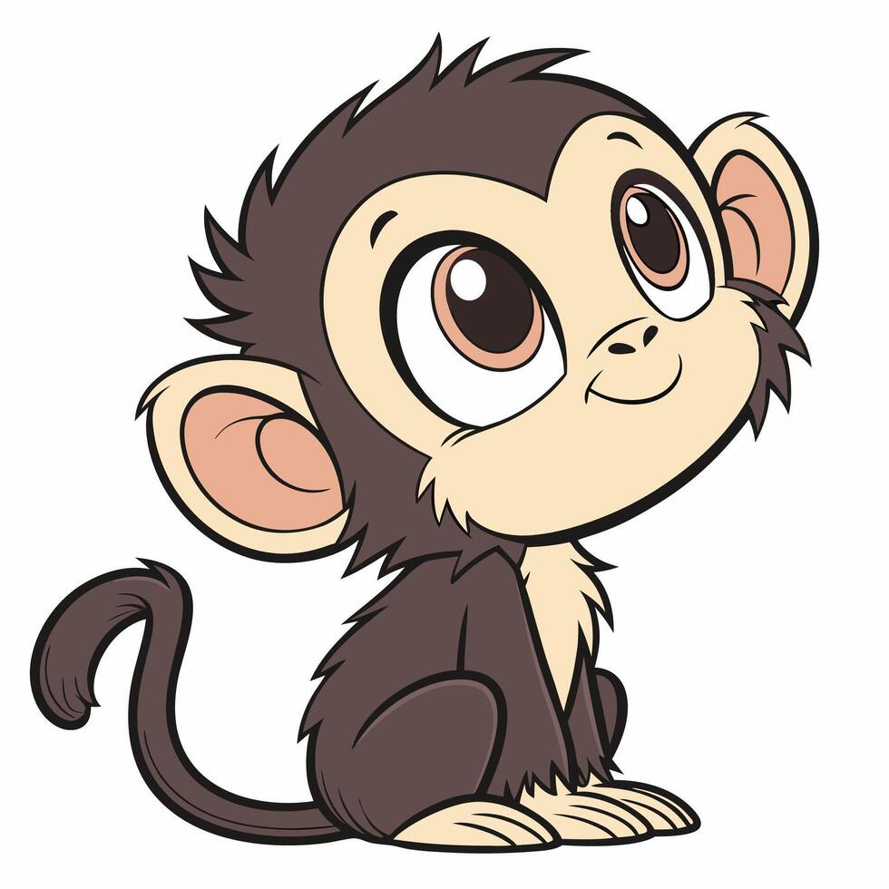 Adorable Cartoon Monkey Sitting and Looking Up with Hopeful Eyes vector