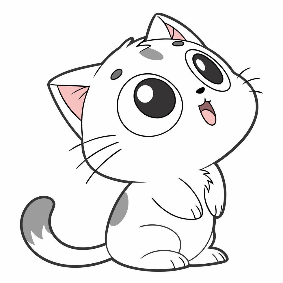Adorable Cartoon Kitten with Big Eyes Looking Upward with Curiosity vector
