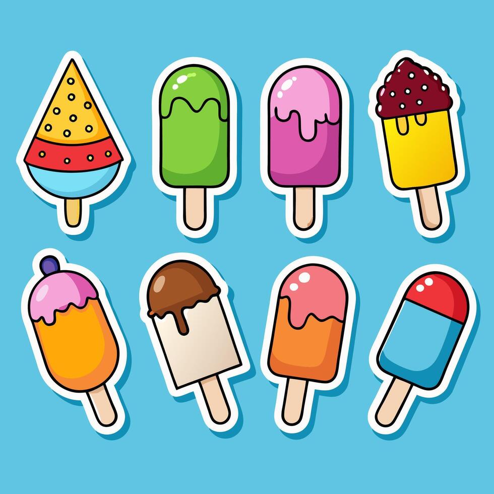 Ice cream pops on sticks set of stickers vector