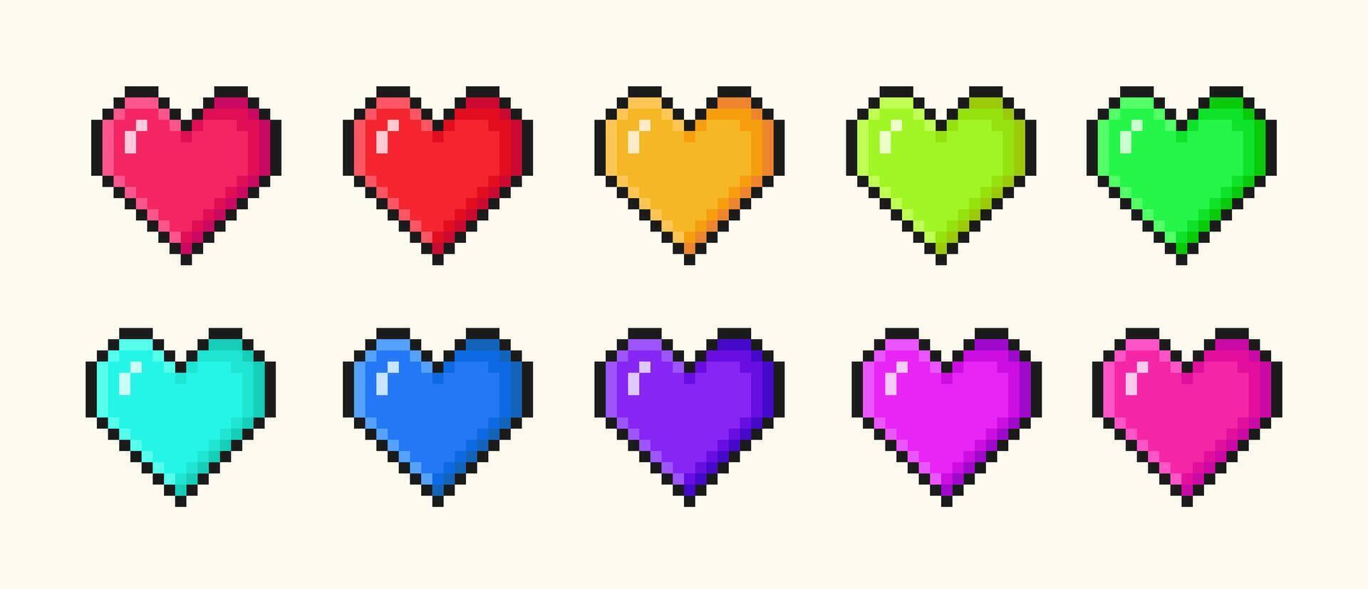 Set of colorful pixel heart icons set in 8-bit retro style for games or romantic designs. illustration vector