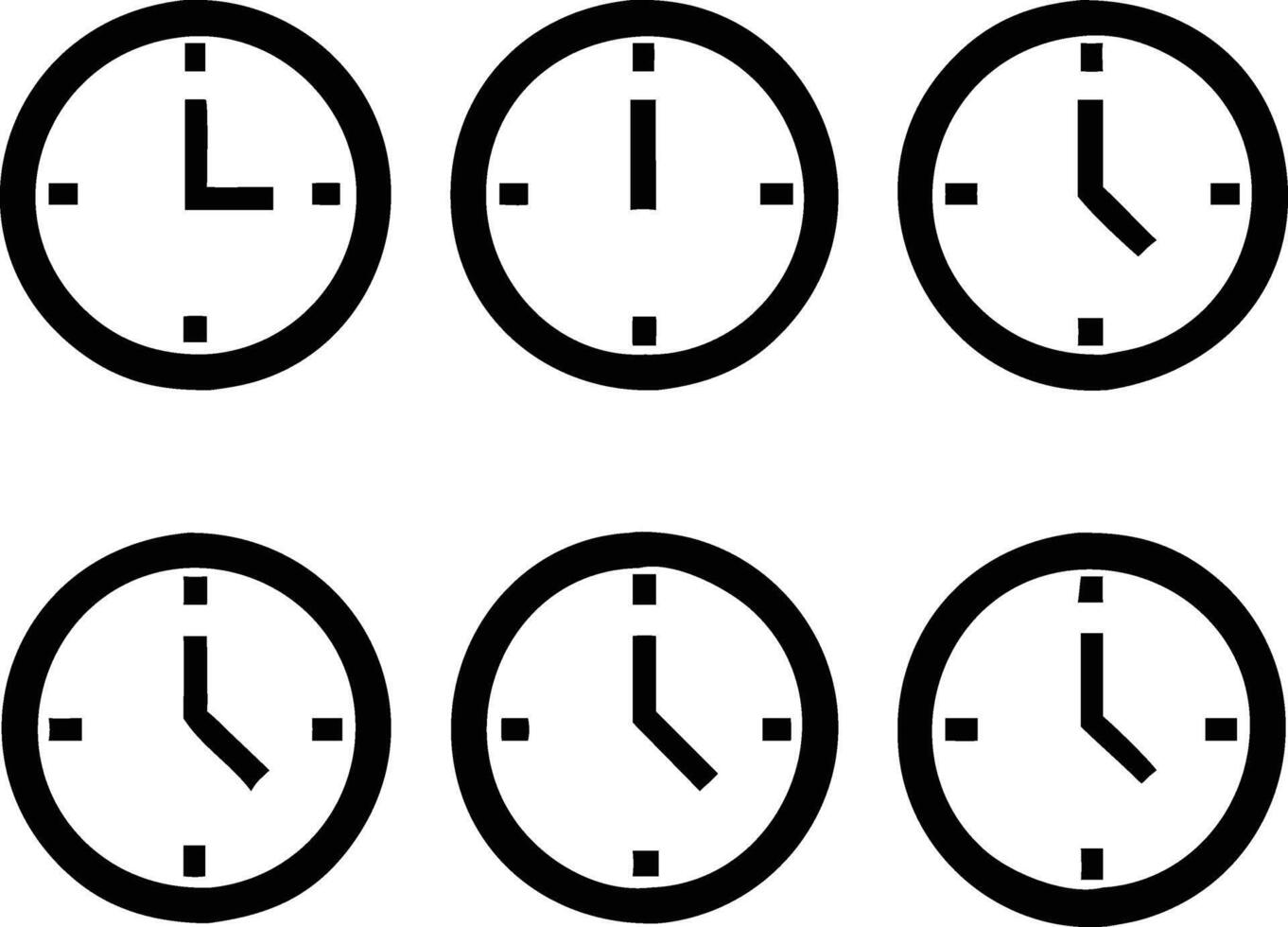 Clocks and Time , A collection of simple clock illustrations, each marking different times, symbolizing the essence of time management, schedules, and the continuous flow of moments. vector