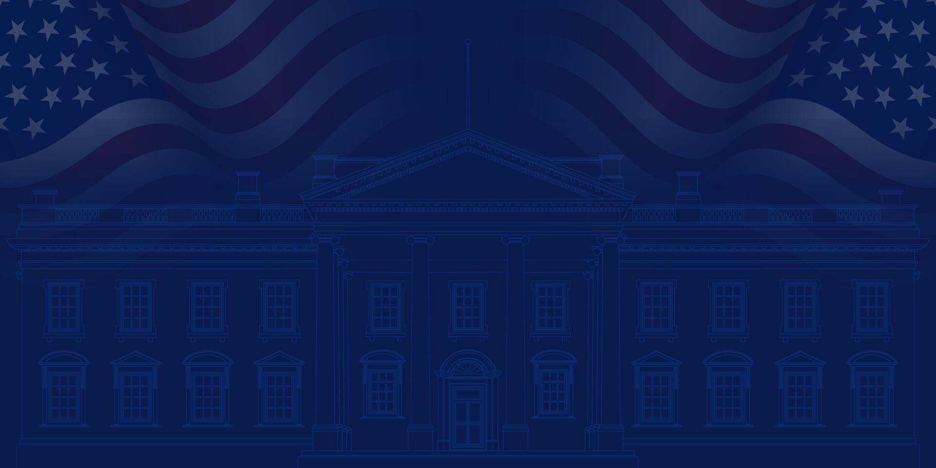 Blue background with USA waving flag and White house line vector