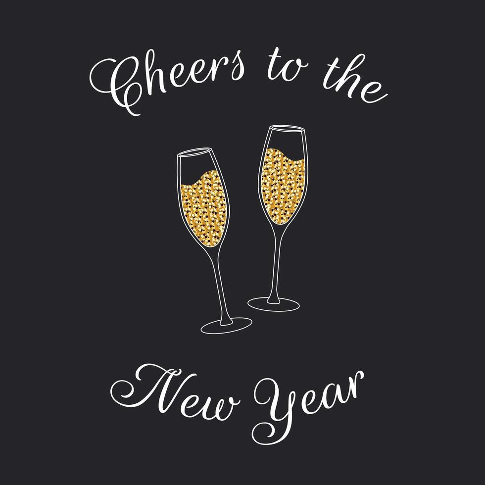 New Year. Background with two glasses of champagne with gold glitters. Template for greeting card, party invitation, social media. vector
