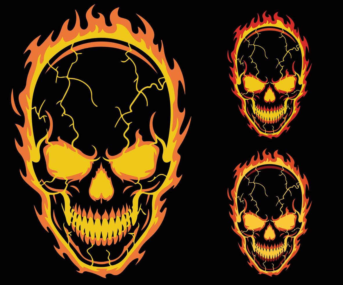 A graphic representation of a skull lit with surrounding flames. vector
