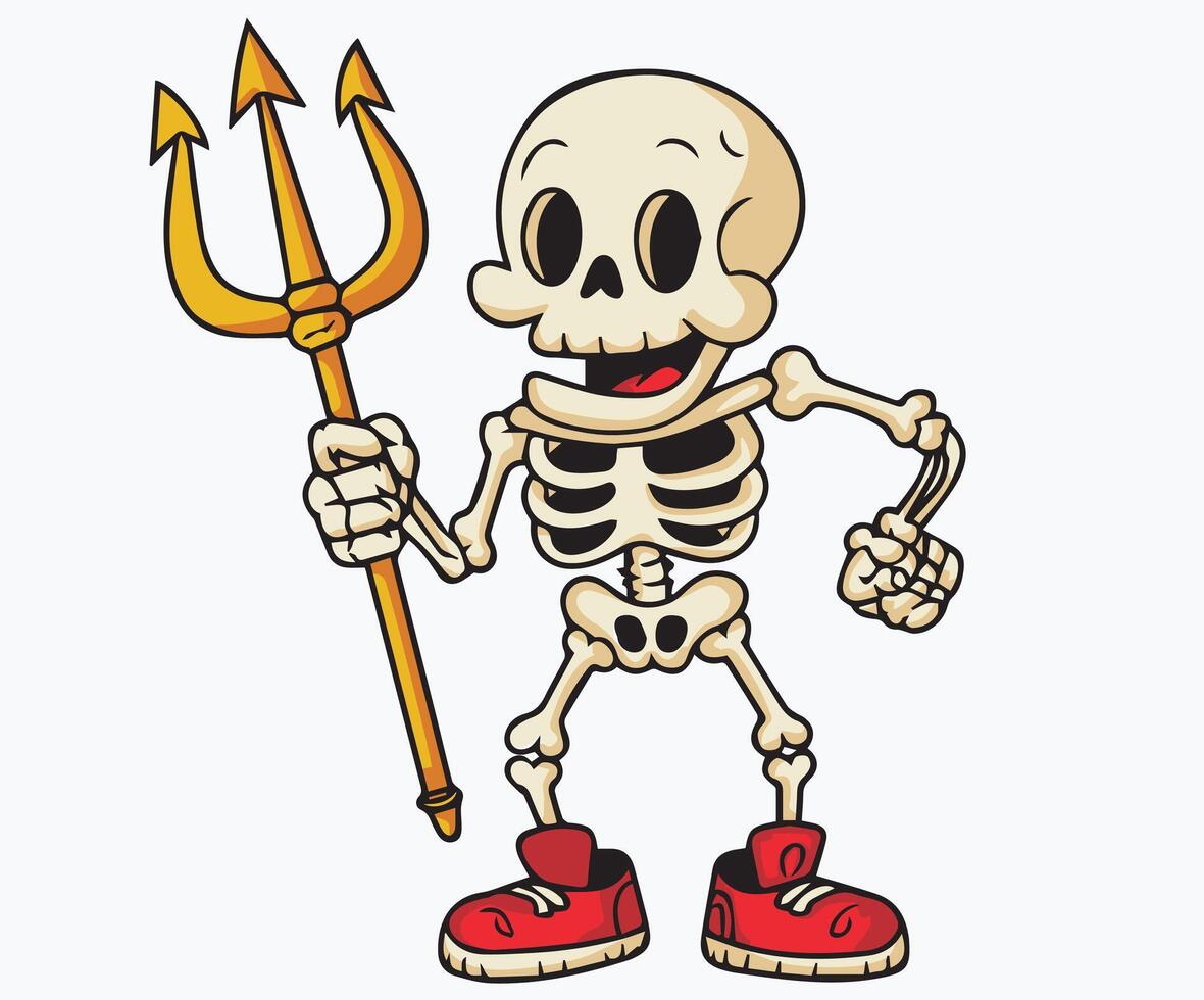 Drawing of a skeleton wearing athletic shoes and wielding a trident. vector