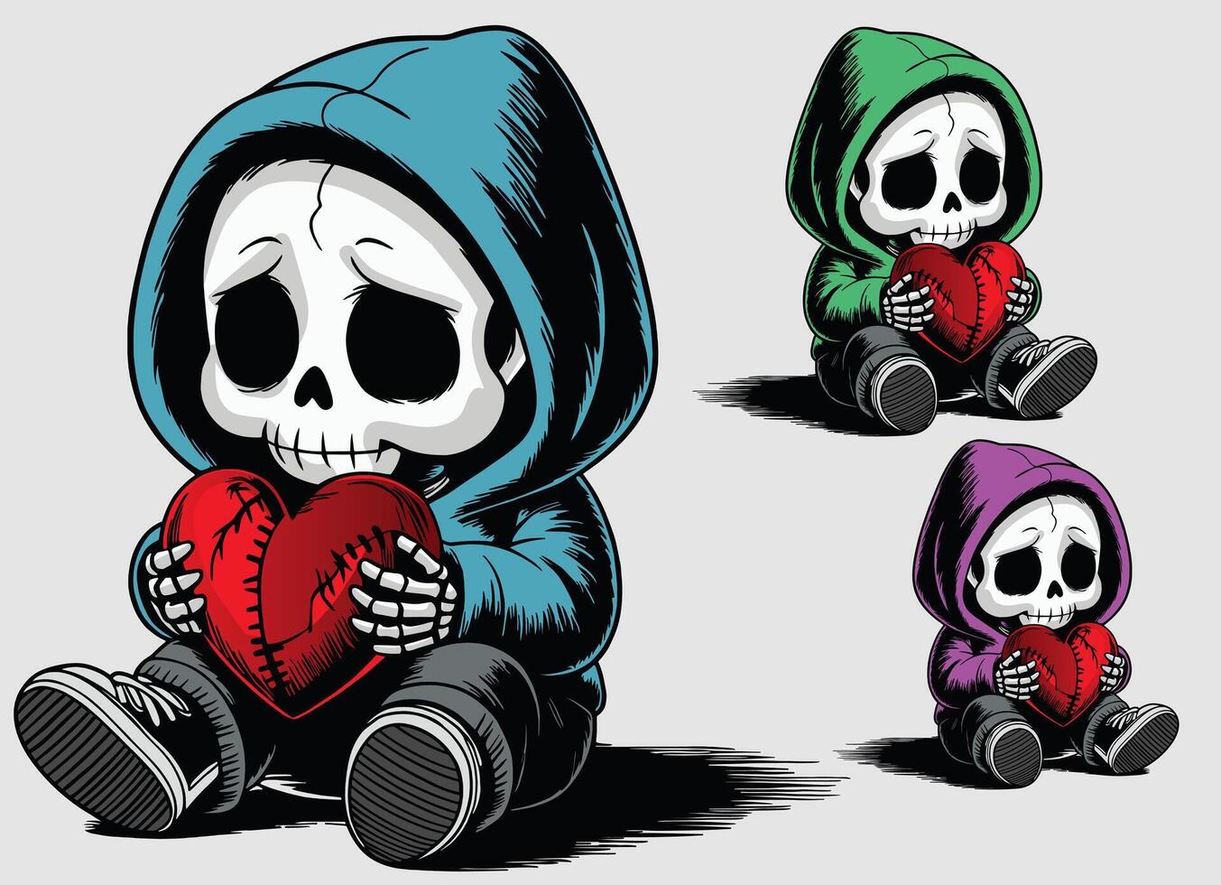 A skeleton with a look of sadness holding a broken heart that has been stitched. vector