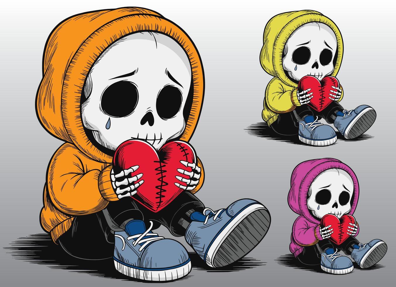 A touching illustration of a skeleton sorrowfully grasping a damaged mended heart. vector