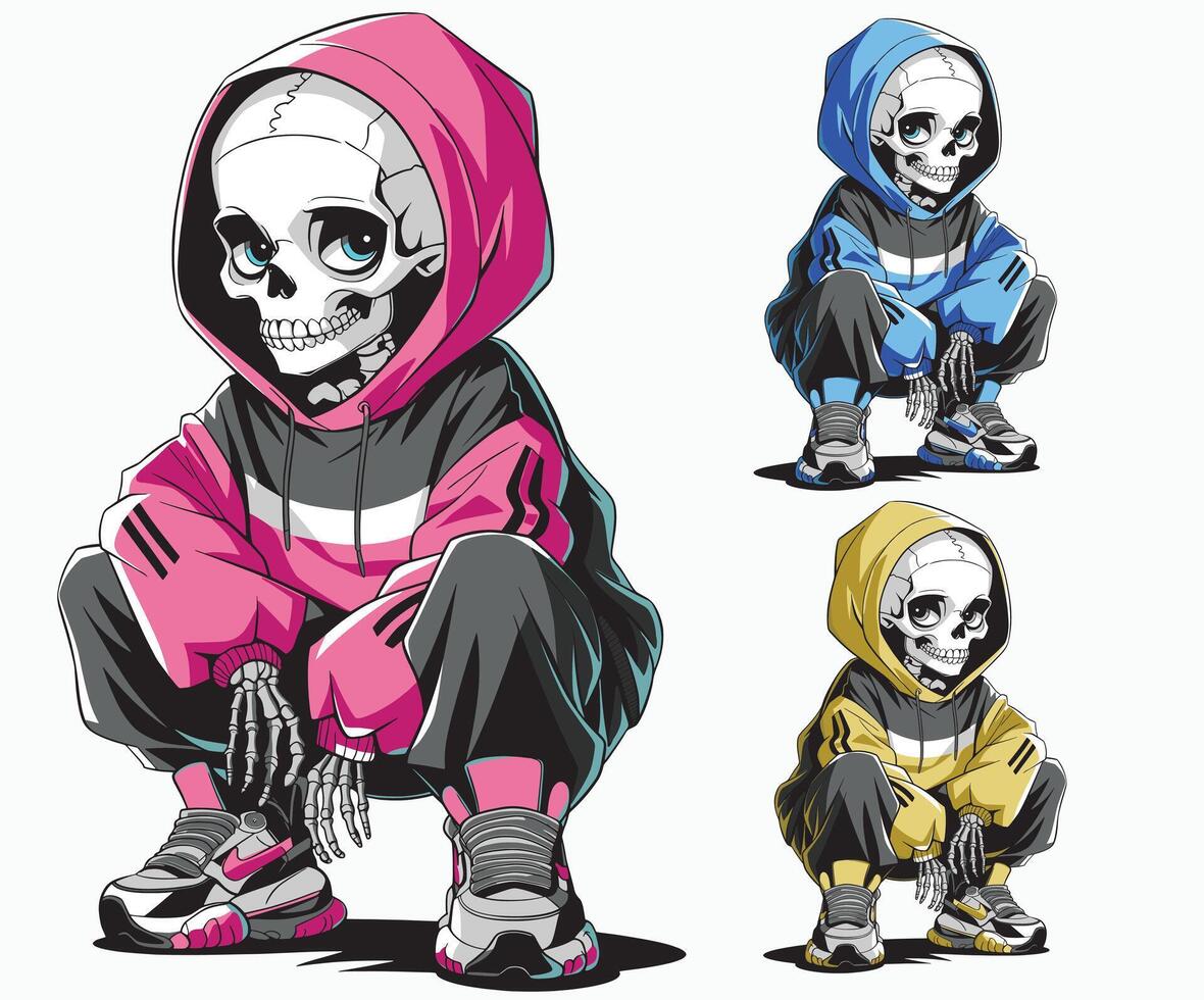 Crouching skeleton girl in a hoodie with a sweet and charming vibe. Easy customizable design. vector