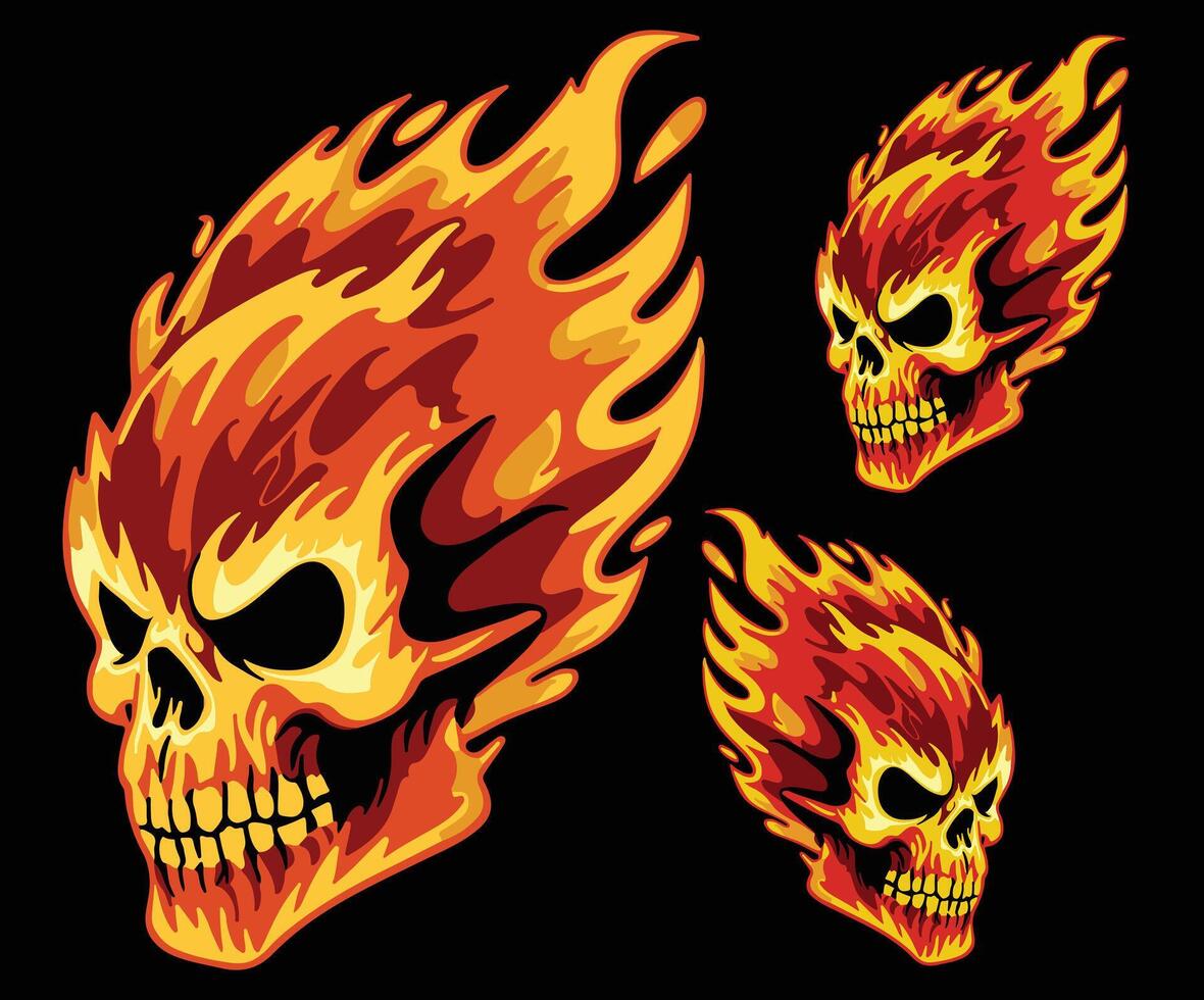 A skull artwork blazing with fire in an illustrative style. vector