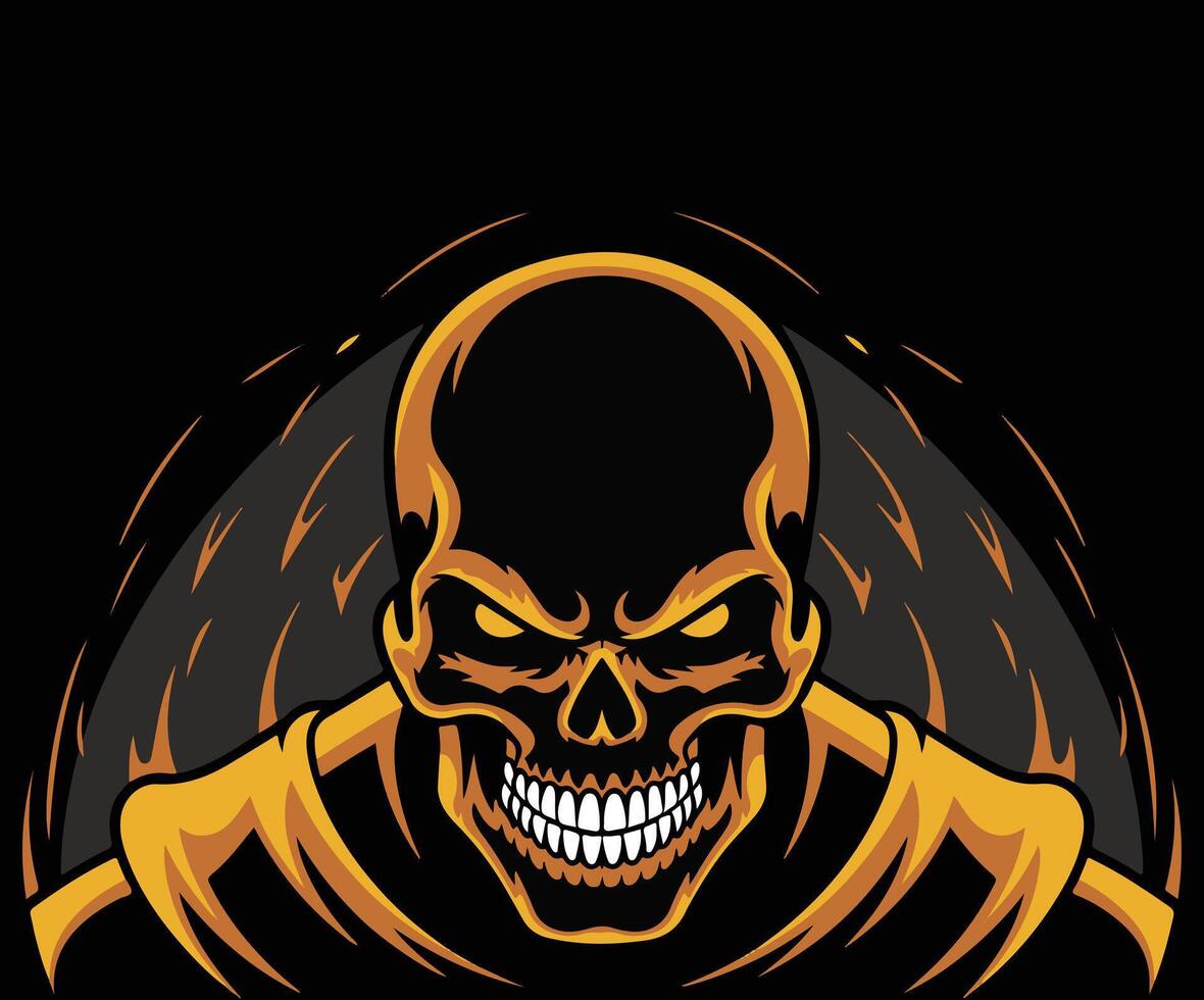 Drawing of a skull surrounded by blazing flames. vector