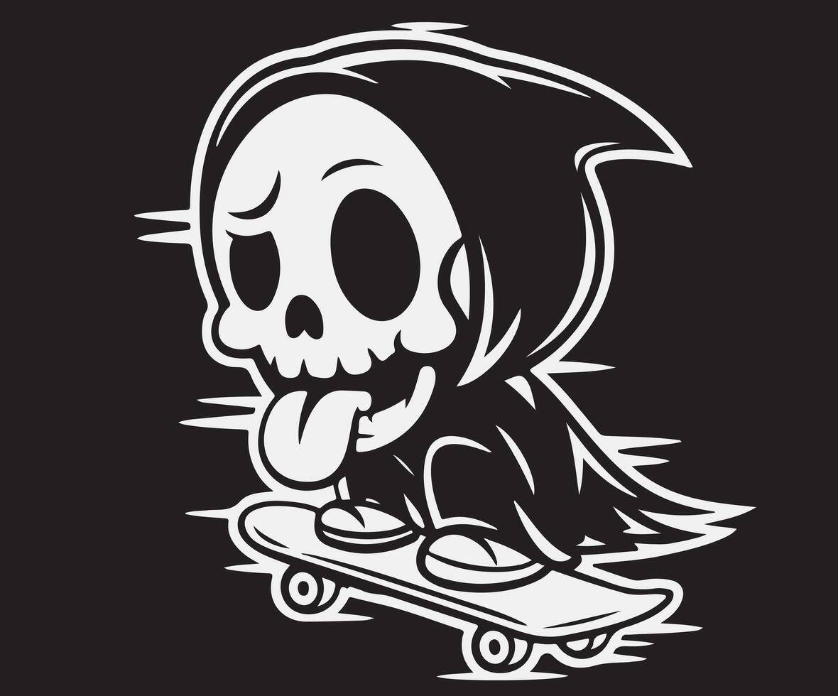 Artwork showing the grim reaper skating with attitude, tongue sticking out. vector
