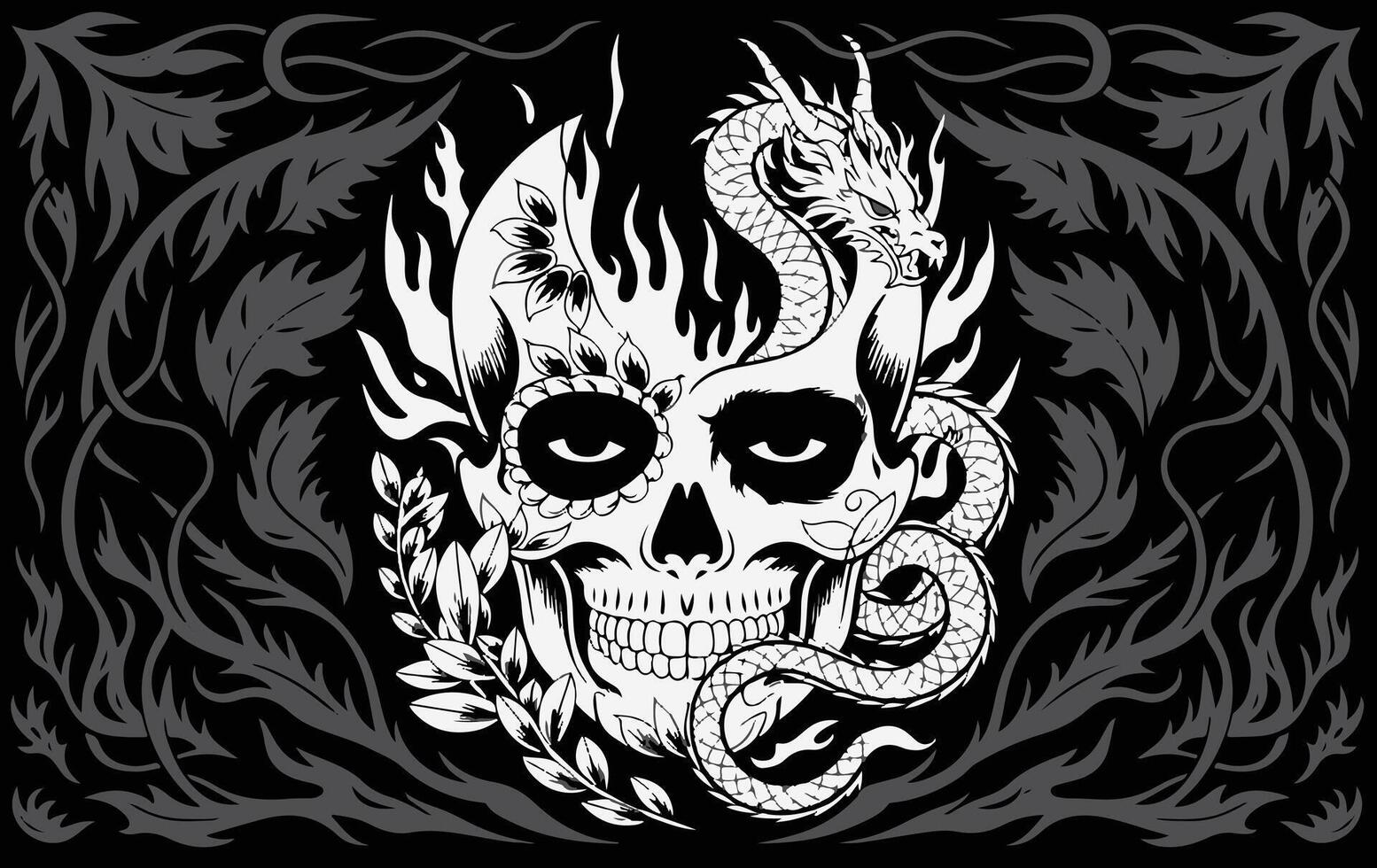 An illustration concept blending a skull, fire, and a dragon into one image on a creative background. vector
